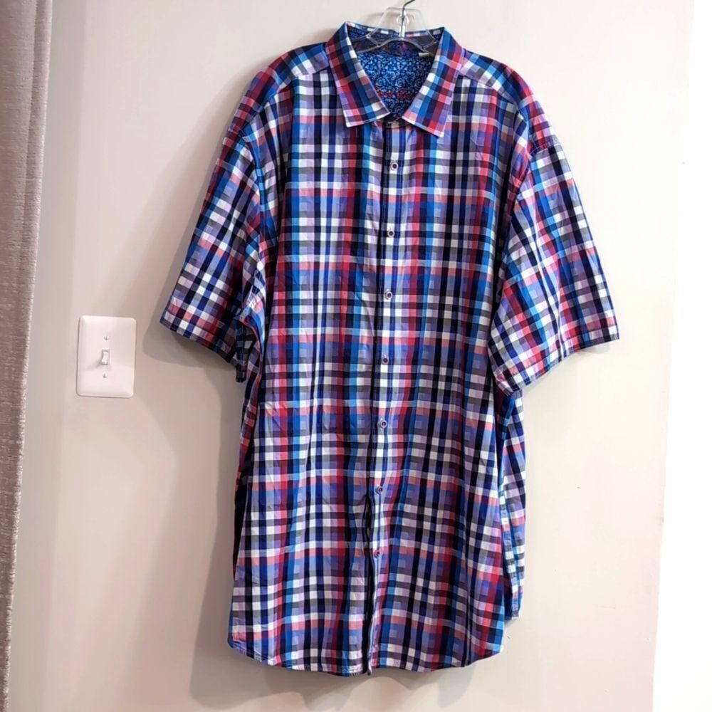 Robert Graham Red Blue Plaid Cotton Short Sleeve Button Down Shirt 4XLT